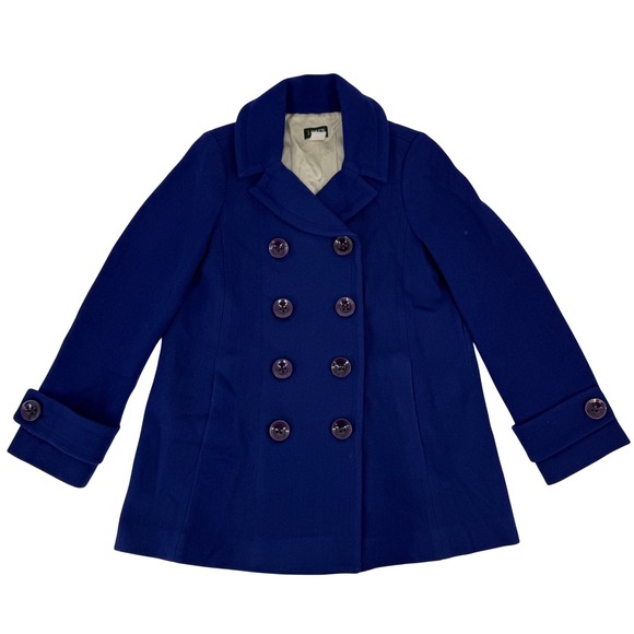 Y2K J.Crew Lille Wool Pique Pea Coat Button Blue Tweed Double Breasted Size 10 - Picture 2 of 8